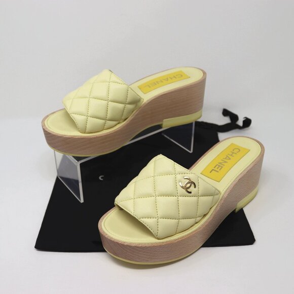 Chanel 38 Interlocking CC Logo Wood Sandal Mule Quilted Yellow Leather - Picture 3 of 15